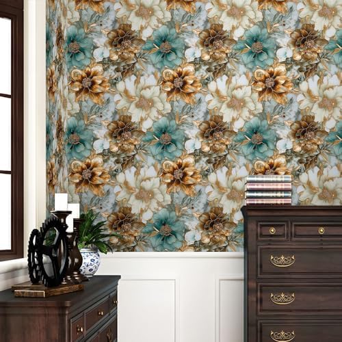 REDAMANCY Vintage Marble Floral Gold/Green/White Metal Flowers Peel and Stick - Image 2
