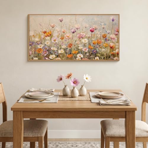 Large Nature Wildflowers Framed Canvas Wall Art, Vintage Daisy Painting - Image 3