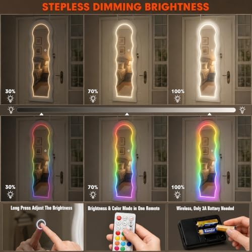 Fiqevs Wall/Door Mirror Jewelry Cabinet, Remote Control RGB Light Mirror - Image 3