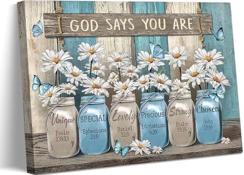 Daisy Canvas Wall Art Vintage Rustic White Flower Pictures Butterfly Wall Decor by ZLXARTLA