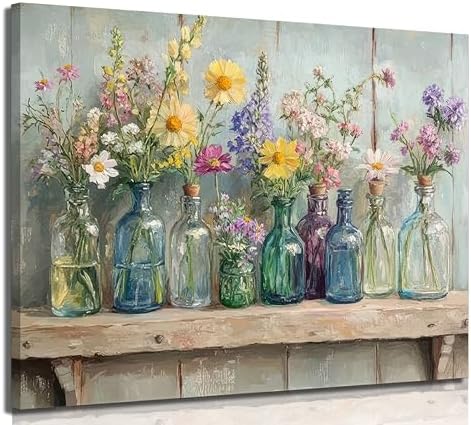 Farmhouse Flower Canvas Wall Art Wildflowers Bottles Wall Decor Rustic Plants by OuvirmihaWallArt
