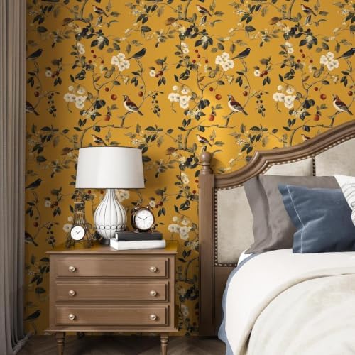 Laatse Vintage Yellow Floral Bird Wallpaper Peel and Stick 17.5"x197" - Image 4