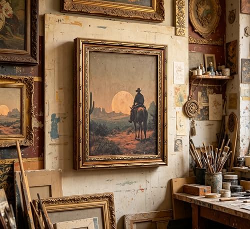 Vintage Gold Framed Western Wall art, Cowboy Riding Away Oil Painting Canvas - Image 5