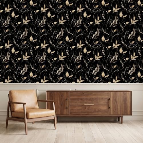 Dark Black and Gold Leaf Peel and Stick Wallpaper 17.7" x 70.8" - Image 3
