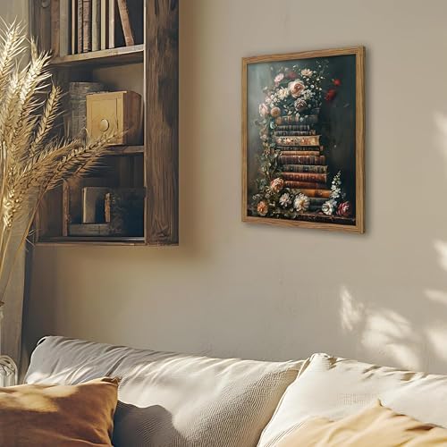 Vintage Framed Wall Art Flowers Books Canvas Prints, Dark Academia Wildflowers - Image 2