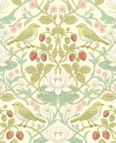 BOKEBEVE Bird Floral Wallpaper Peel Stick Beige Yellow Green 17.5 x 118In by BOKEBEVE