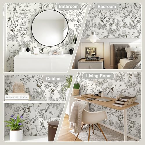 Safiyya Peel and Stick Wallpaper Floral Birds Contact Paper Black and White - Image 5