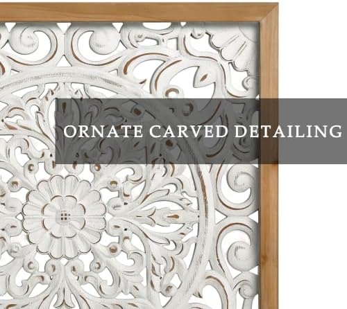 XIAOAIKA Boho Carved Wood Wall Art Panel, Floral Mandala, Distressed White - Image 3