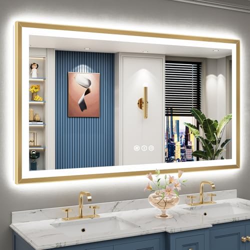 60x36 Gold Beveled LED Lighted Bathroom Mirror, Backlit & Front Lit by Awandee