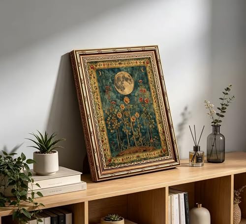 Vintage Gold Framed Celestial Moon Wall Art, Tarot Crescent Moon Painting - Image 2