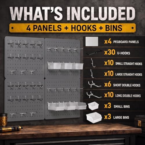 Pegboard Organizer, 4 Pack 12 x 16 in Metal Panels, 6 Bins, Gunmetal Gray - Image 2