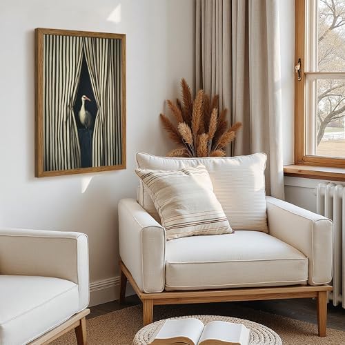 AVECCO Vintage Striped Curtain Moody Crane Wall Art Canvas Framed 16x24 in - Image 5
