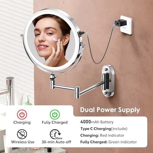 ZLOKLA 9" Wall Mounted Lighted Makeup Mirror, 4000mAh Rechargeable Double Sided - Image 5