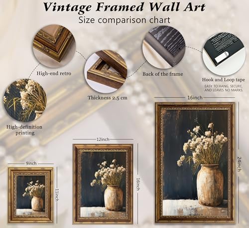 Vintage Gold Framed Wall Art, Fall Dried Flowers Antique Vase Country Oil - Image 6