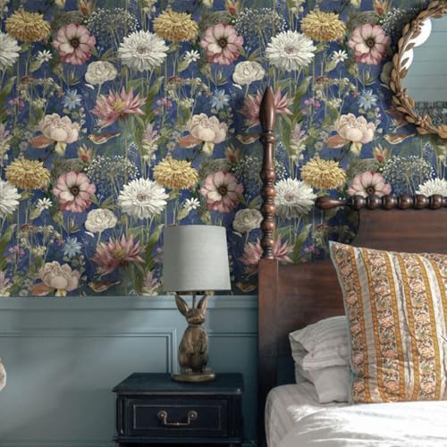 Jeweluck Vintage Floral Wallpaper Peel and Stick Dark Blue 16.9" x 118.1" - Image 2