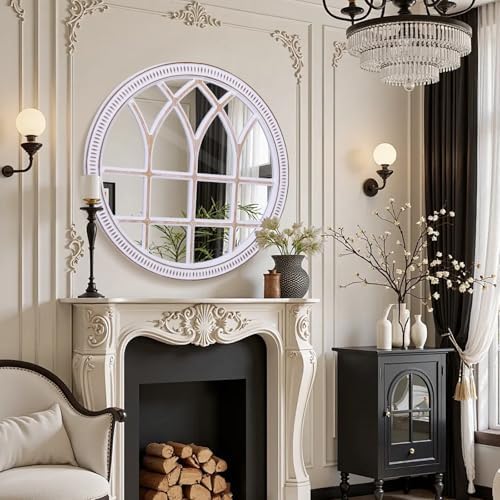 Rustic Farmhouse Round Window Mirror, 36 Inch Wood Frame Wall Mirrors - Image 3