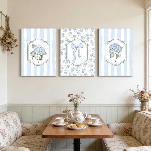 3Pcs Blue Hydrangea Canvas Wall Art Trendy Light Blue Striped Watercolor Bow - Image 7