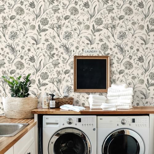 Beige and Black Floral Peel and Stick Wallpaper Floral 17in x 590in - Image 2