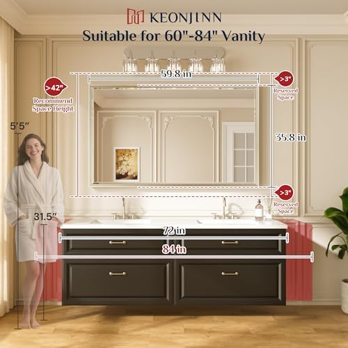 Keonjinn 60" x 36" Gold Bathroom Mirrors, Secure French Cleat Installation - Image 2