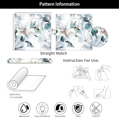 Ice Blue White Large Hyacinth Floral Green Leaf Peel and Stick Wallpaper Wall - Image 7