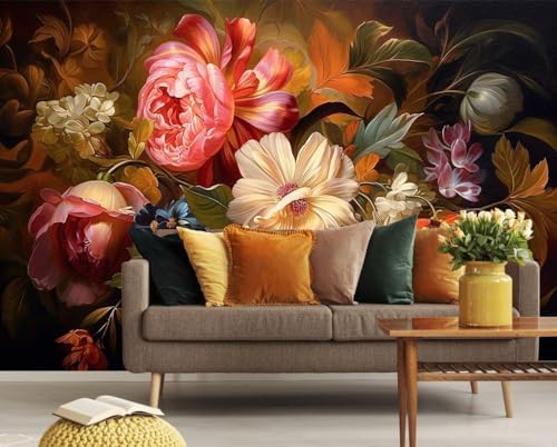Toolhom Hand-Painted Watercolor Rose Peony Leaves Flower Mural - Image 3