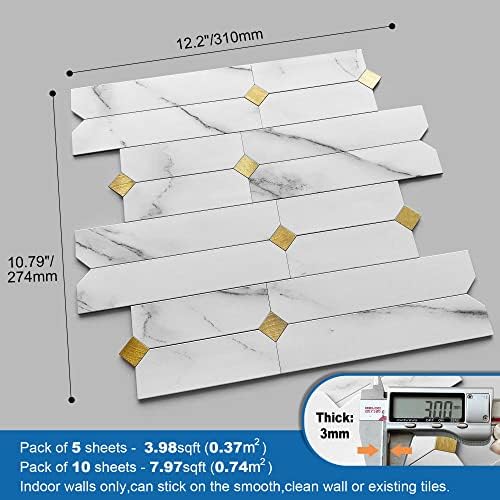 Stone Kitchen Wall Tiles Peel Stick Backsplash White Gold 10pcs - Image 5