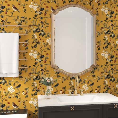 Laatse Vintage Yellow Floral Bird Wallpaper Peel and Stick 17.5"x197" - Image 6