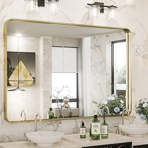 TokeShimi Gold Bathroom Mirror for Wall 40 x 30 Inch Rounded Corner Rectangle by TokeShimi