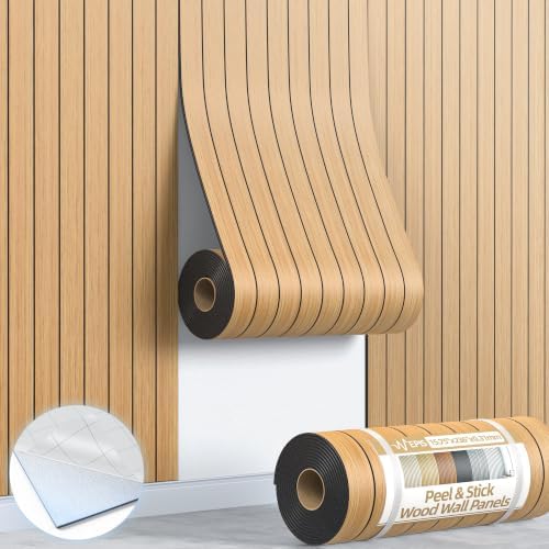 Peel and Stick Wood Slat Wall Panels, 3D PVC Faux Teak Wood Grain Wallpaper by NEPIS