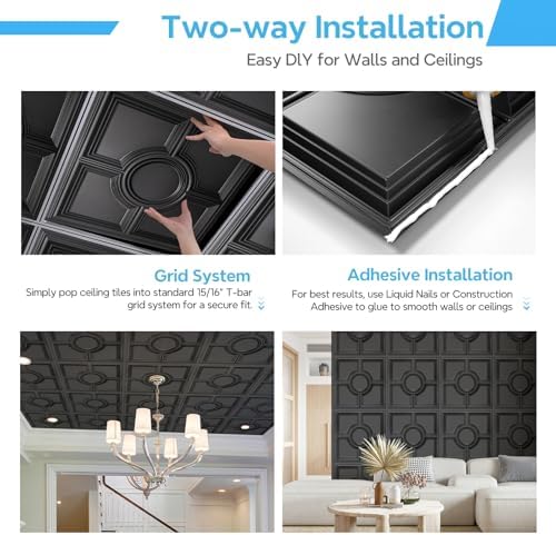 STICKGOO Black Drop Ceiling Tiles 2ft x 2ft, Glue Up Ceiling Panels 24 x 24in - Image 5