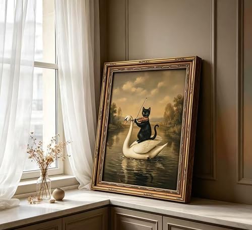 Vintage Gold Framed Black Cat Wall Art, Dark Academia Swan Painting Canvas Print - Image 5