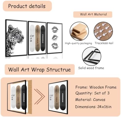 Framed Stockholm Style Canvas Wall Art Set of 3 Black and White Fashion Leopard - Image 3