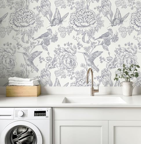 Safiyya Blue White Peel and Stick Wallpaper Floral Birds Butterfly Contact - Image 4