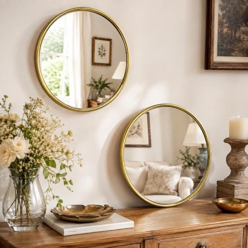12"x12" Round Decorative Wall Mirror, 2 Pack Metal Framed Real Glass Mirror by OPULINEA