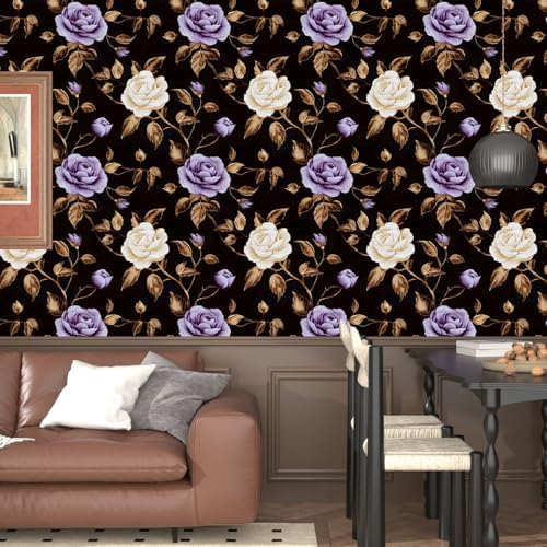 Laatse Dark Purple Gold Rose Floral Wallpaper Peel and Stick 17.5''x393'' - Image 7