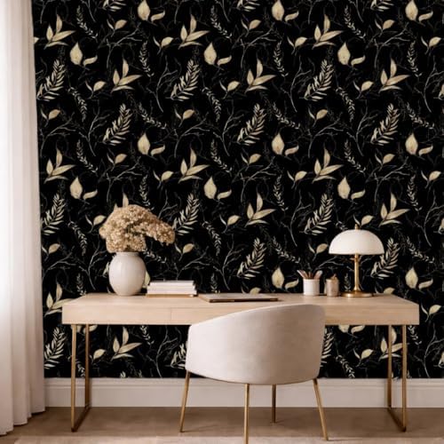 Dark Black and Gold Leaf Peel and Stick Wallpaper 17.7" x 59" - Image 6