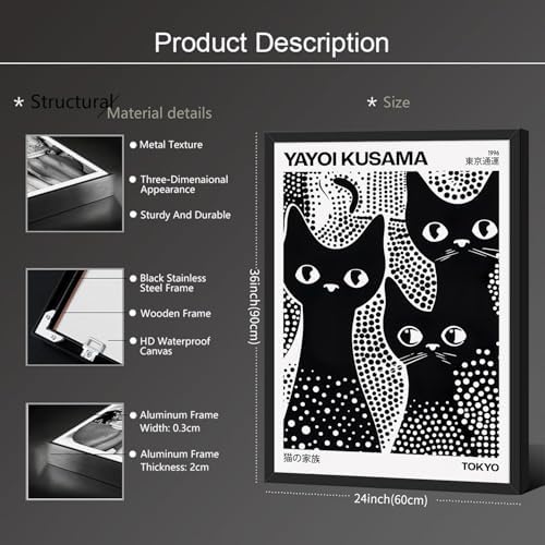 Cute Black Cat Poster Japanese Yayoi Kusama Wall Art 24X36 inch Black Framed - Image 2