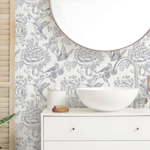 Safiyya Blue White Peel and Stick Wallpaper Floral Birds Butterfly Contact - Image 2