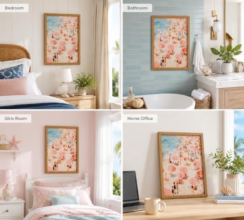 Framed Pink Beach Umbrella Canvas Wall Art, Coastal Picture Wall Decor - Image 6