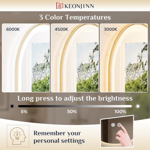 Keonjinn 26x38 Inch Gold Arched LED Bathroom Mirror, Frontlit & Backlit - Image 6