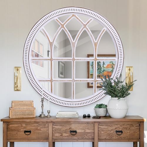 Round Window Mirror Wood 30 Inch Rustic Farmhouse Wall Mirrors by BaroqueFarmhouseWallMirro