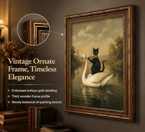Vintage Gold Framed Black Cat Wall Art, Dark Academia Swan Painting Canvas Print - Image 3