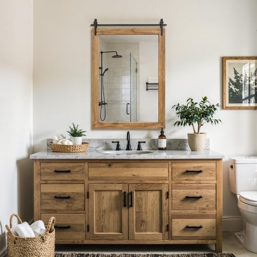 Farmhouse Bathroom Vanity Mirror, 36”x 24” Wood Barn Door Mirror, Light Brown - Image 4