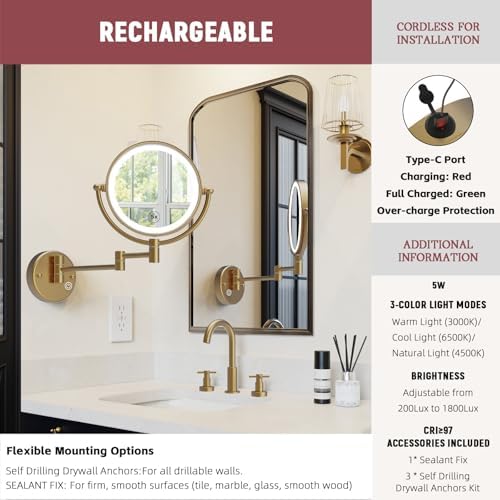 8" Rechargeable Brass 1X/5X Makeup Magnifying Mirror Wall Mount - Image 2