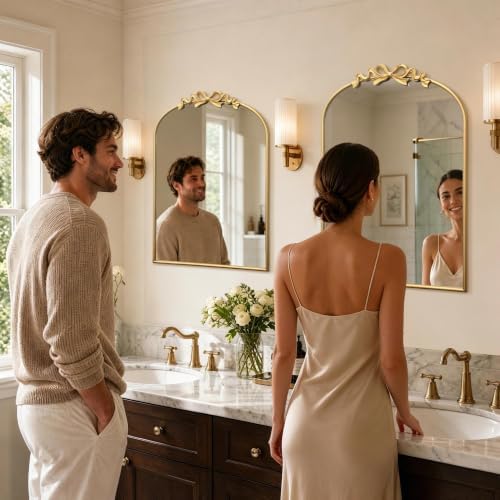 Besdomus Vintage Arched Gold Mirror: 24"x36" Large Gold Bow Vanity Mirror - Image 5