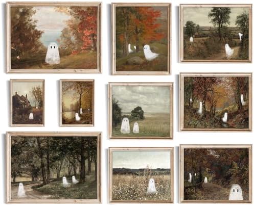 uniro Halloween Cute Ghost Vintage Wall Art, Spooky Autumn Landscape Canvas Oil by uniro