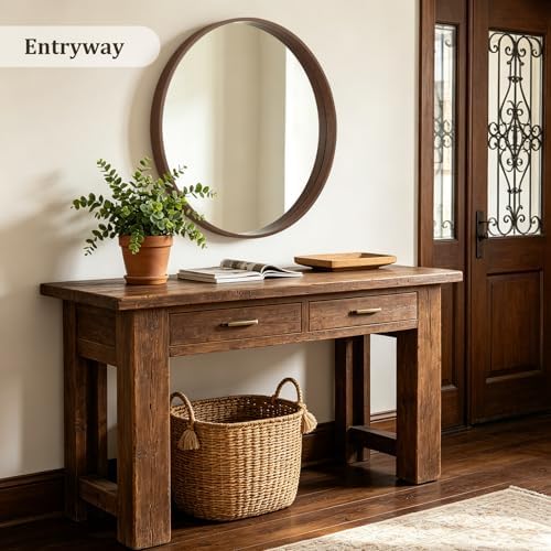 WallBeyond 36 Inch Round Wood Mirror, Large Circle Wooden Frame Wall Mirror - Image 4