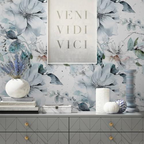 Ice Blue White Large Hyacinth Floral Green Leaf Peel and Stick Wallpaper Wall - Image 4