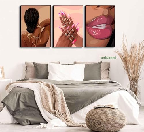 Black Girl Pink Wall Art Set of 3 African American Black Women Canvas Posters - Image 5