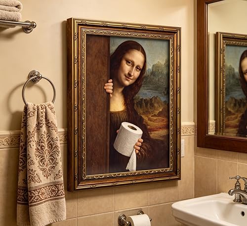 Funny Mona Lisa‑Inspired Lady Holding Toilet Paper Wall Art, Ornate Golden - Image 3